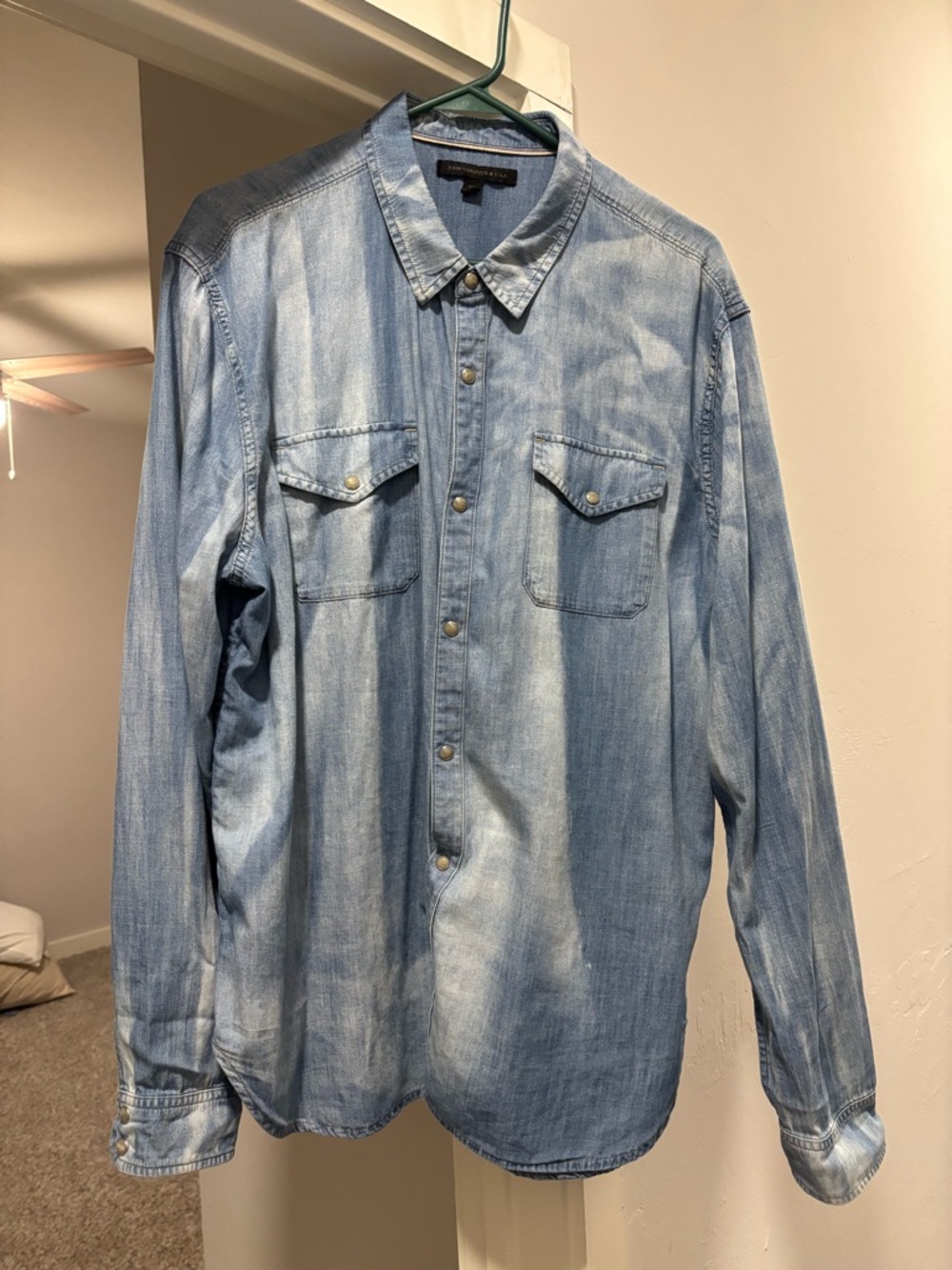 John Varvatos light blue denim snap button shirt